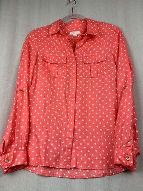 Linen Charter Club Luxury Shirt Small Button-Down Pink Polka Dot Roll-Tab